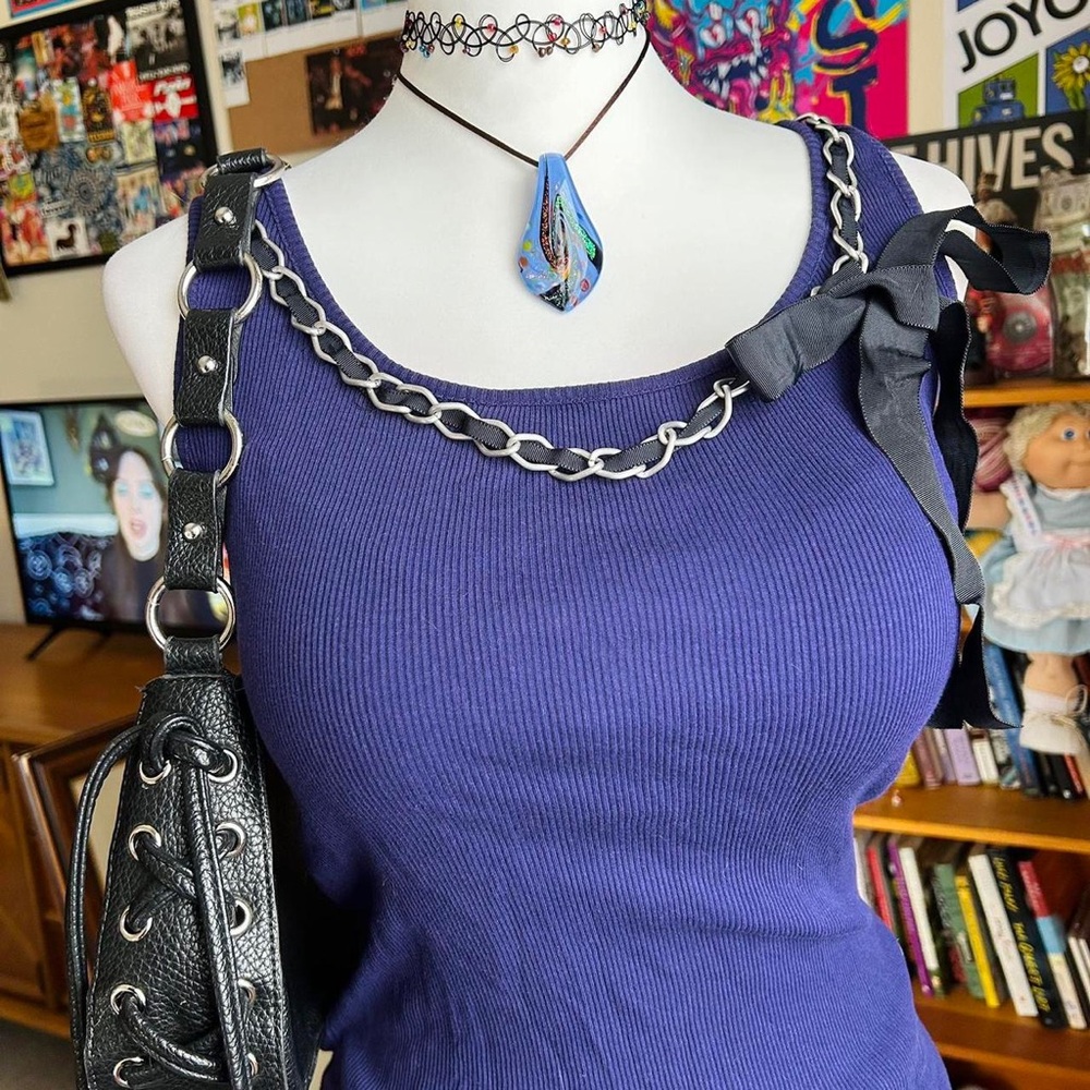 Purple Ribbed Tank Top with Chain Strap Detail